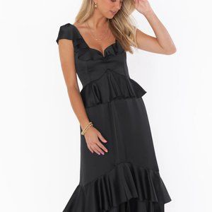 NWT Show Me Your Mumu Reese Ruffle Dress (black luxe satin)